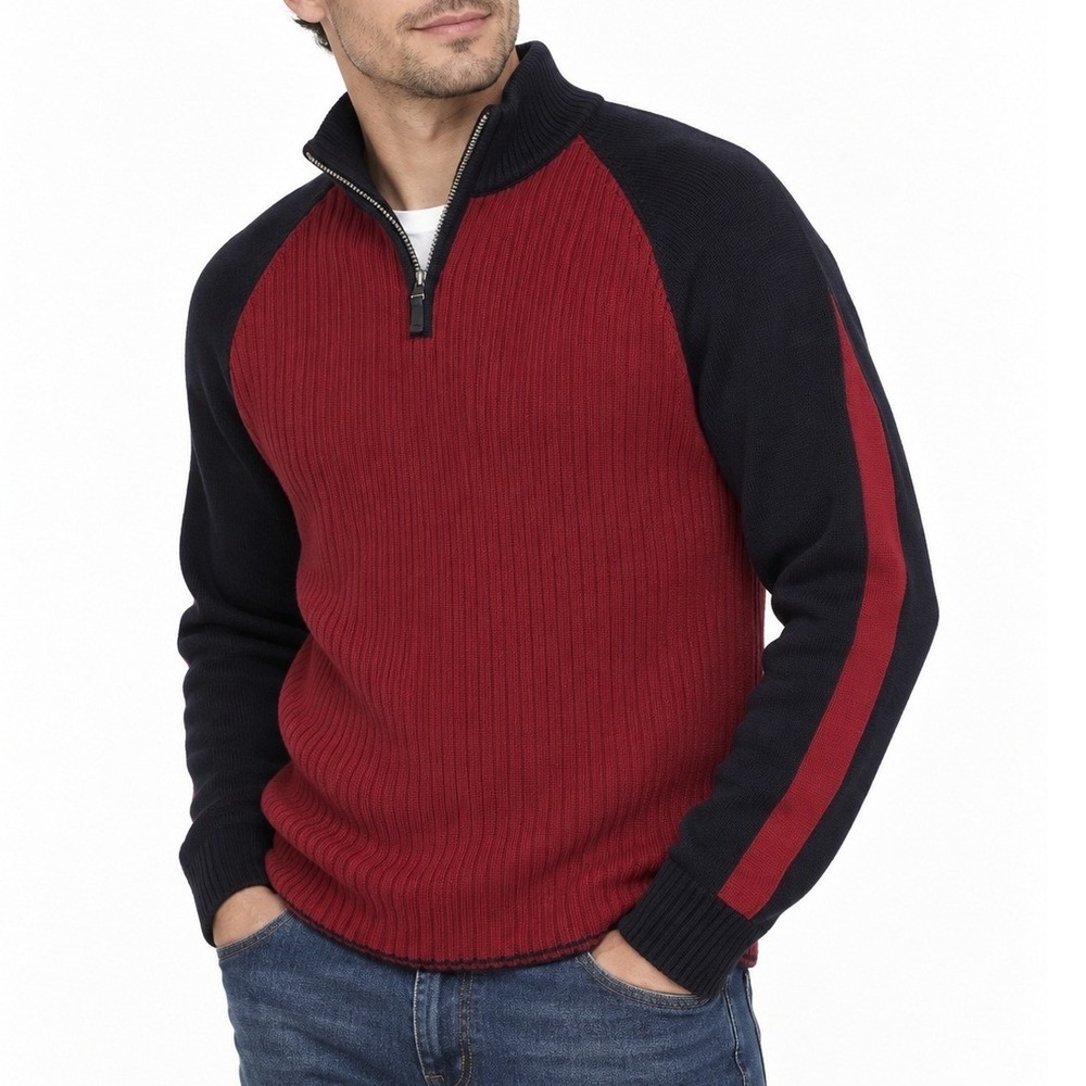 Men's Quarter Zip Sweater Red Navy Size L Ribbed Colorblock Mock Neck Pullover